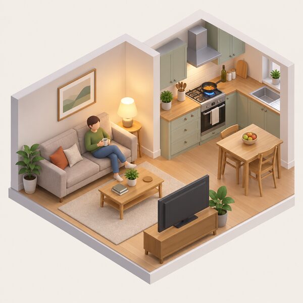 A cosy ordinary living room and kitchen corner of a UK home where a small isometric figure relaxes beside a lit table lamp glowing warmly while a gas cooker on the adjacent kitchen side has a pan heating on a lit burner, showing both supplies still working during a switch.