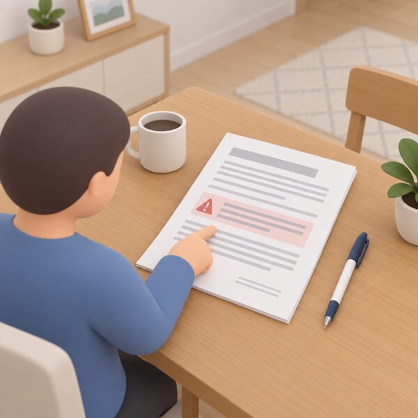 A printed fixed tariff contract lying on a household table, opened to a page where an exit fee clause is marked, with a plain pen beside it and a simplified figure's hand pointing at the clause.