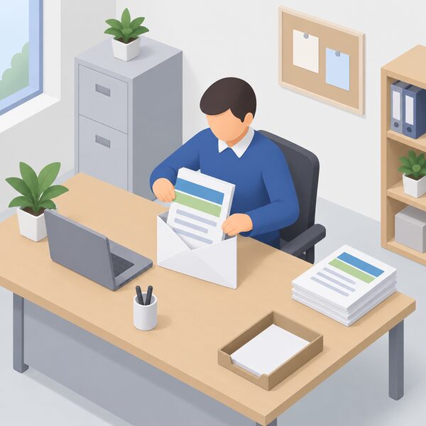 A simplified isometric figure of a supplier staff member at an office desk placing a thick printed quarterly compliance report, its cover showing plain colour bands and blank lines, into an addressed envelope ready for submission to the Energy Switch Guarantee scheme.