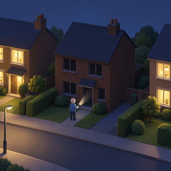 A dark house at night during a power cut, its windows black while neighbouring homes glow with light, with a simplified figure standing outside holding a torch and looking up at the unlit home.