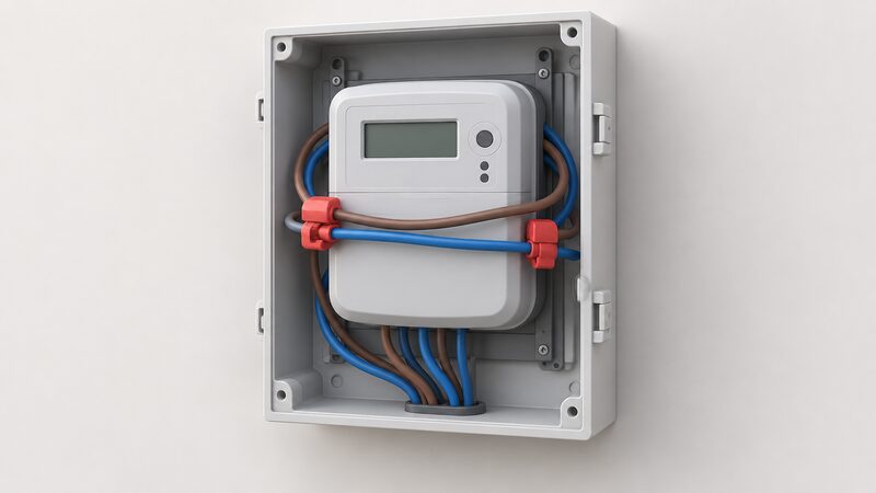 An open domestic electricity meter box with its casing removed, showing wires wrapped around the body of the meter and connector clips attaching those wires, depicting the listed visible sign of a potential bypass.