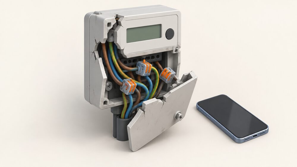A close-up of a domestic electricity meter with its casing broken and hanging open, loose wires sticking out and wrapped around with connector clips, and a mobile phone lying nearby untouched to show the meter being reported rather than touched.