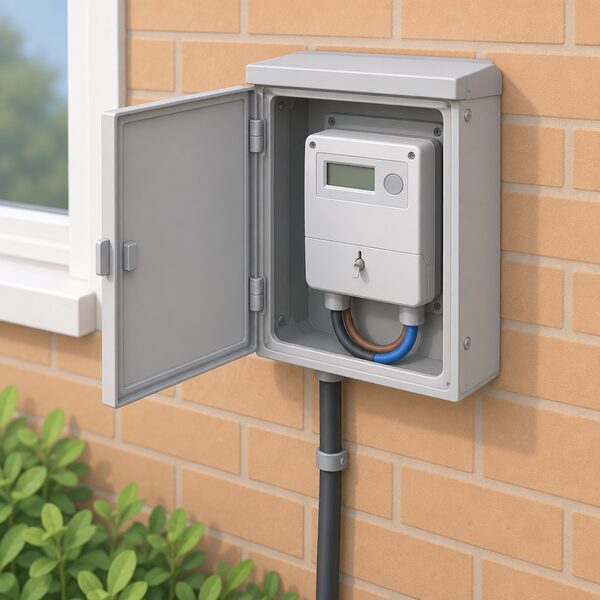 A domestic electricity meter sealed inside its wall-mounted meter box on the outside of a house, shown closed and intact with its supply cable entering and the sealed meter unit visible behind the open hinged door.