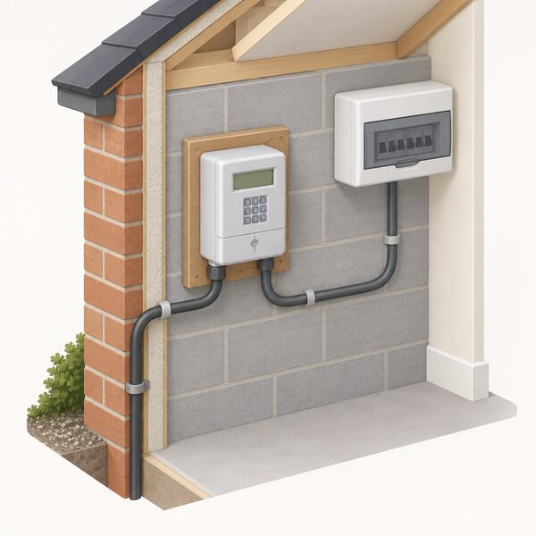 A domestic electricity meter position with a keypad prepayment meter mounted on the wall, its keypad and display shown plainly, with the incoming supply cable and the cable running onward to the consumer unit visible in a simple cutaway of the home.