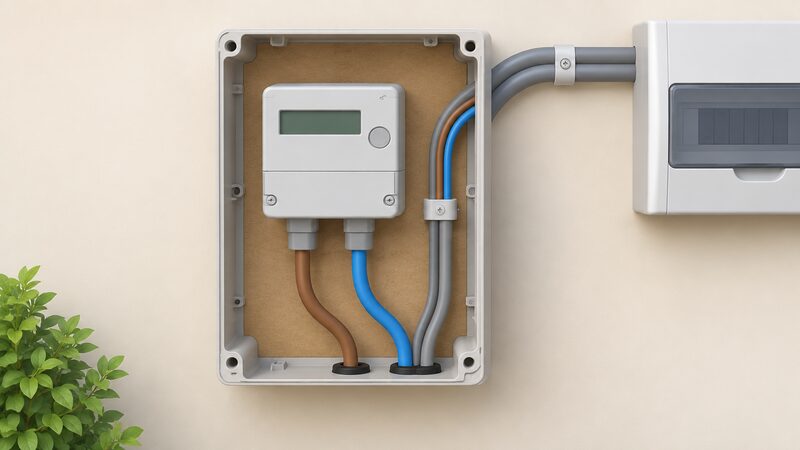 An open domestic electricity meter box shown in close-up with its cover removed, revealing the electricity meter, the incoming and outgoing tails and the cables running to the consumer unit, with no wires wrapped around or connector clips attached, so the intact interior a bypass would interfere with is clearly visible.