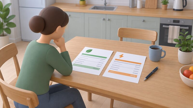 Two plain energy bills lying side by side on a kitchen table, each a printed sheet with blank lines and plain colour bands instead of readable figures, with a mug and a pen nearby to show a household comparing them.