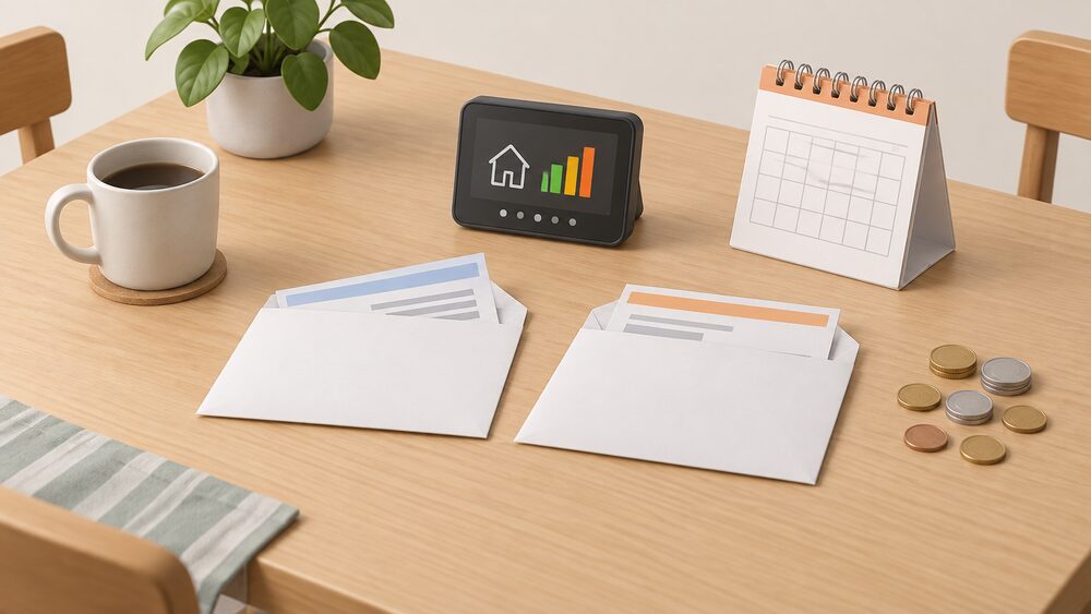 A kitchen table with two plain envelopes of bills side by side, a small model of a smart meter's in-home display, a scatter of coins and a blank calendar, suggesting a household comparing two energy suppliers before switching.