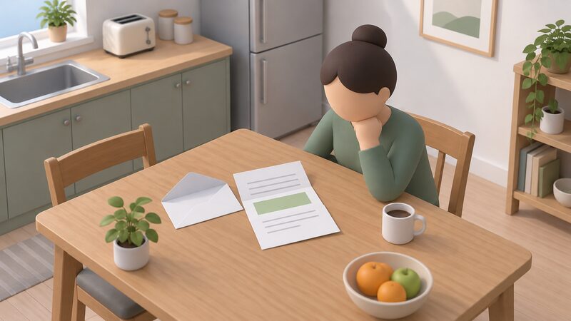 A letter from an energy supplier lying on a kitchen table in a home, opened from its envelope, with a household member beside it, the letter's content shown only as blank lines and a plain highlighted band where the compensation payment is described, with no readable words or figures.