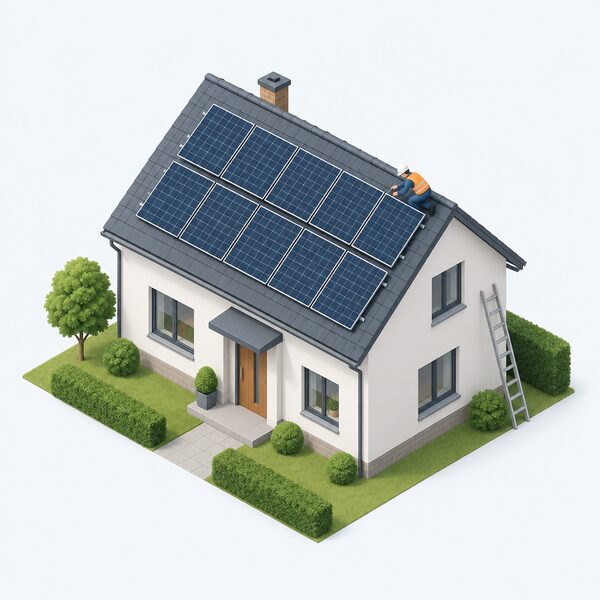 A detached house with solar panels fitted in rows on its pitched roof, shown from an elevated angle so the panel array is the focus, with a small isometric figure of an installer at work on the roof.