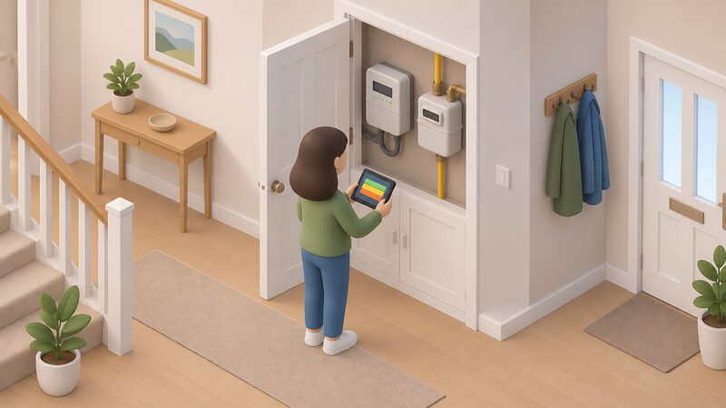 A domestic hallway cupboard with its door open showing a smart electricity meter and a smart gas meter side by side on the wall, with a small isometric figure holding an in-home display and glancing at it, the display showing only plain colour bands.