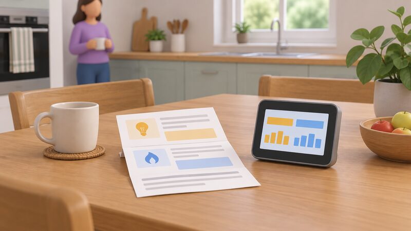 A domestic kitchen table holding a folded electricity and gas bill as a physical paper document beside a small smart in-home display screen, with no branding shown, illustrating the household's billing relationship with its energy supplier.
