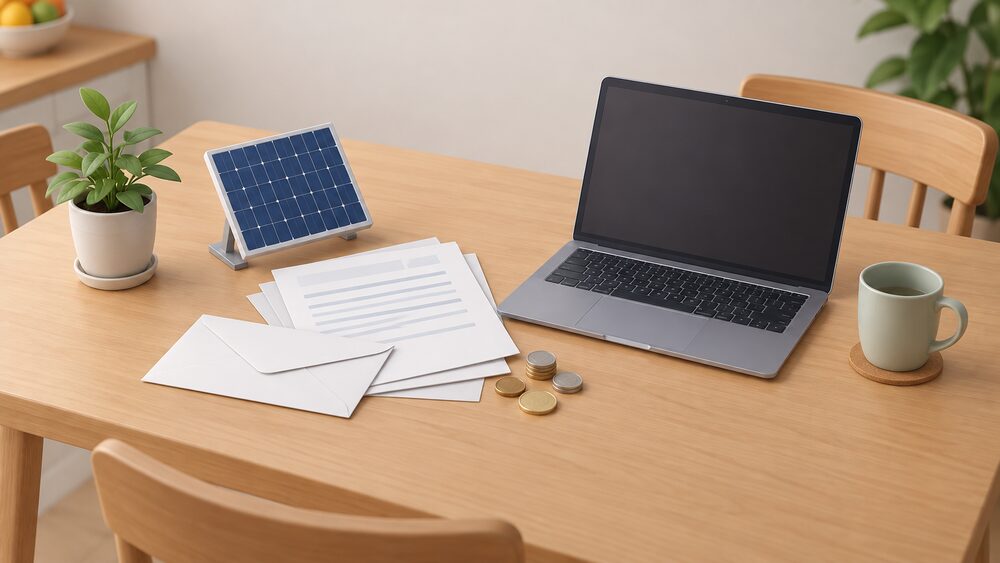 A kitchen table with a blank bill envelope and loose paperwork, a small pile of coins, a laptop with a blank screen, and a small model of a rooftop solar panel standing beside the papers, suggesting a household sorting out its energy supply and export payments.