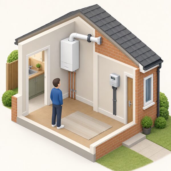 A cutaway view of a home showing a wall-mounted gas boiler on an inside wall with a pipe run to the outside flue, and a domestic electricity meter on an adjacent wall, together representing a dual fuel supply to the household.