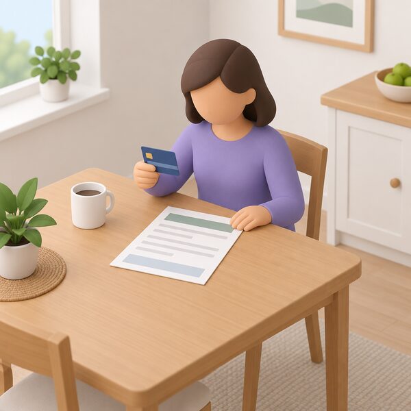 A simplified figure at a kitchen table at home holds a bank card beside an energy bill laid flat on the table, the bill shown as a physical paper document with blank lines and plain colour bands, ready for a fixed monthly Direct Debit payment.