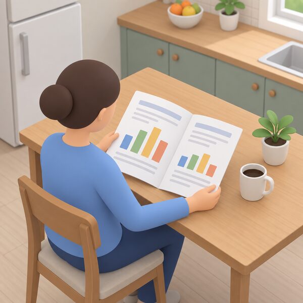 A printed quarterly complaints report lying open on a kitchen table in a home, held by a simplified figure reading it, with plain bar blocks showing complaint categories and blank lines where the figures would be, no readable numbers.