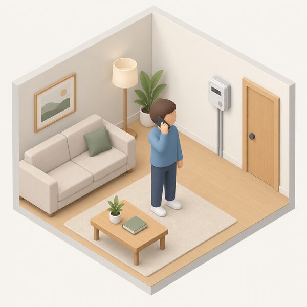 A simplified isometric customer standing in a home living room holding a mobile phone to their ear, mid-call to the energy supplier, with a domestic electricity meter visible on a nearby wall and a sofa and small table completing the ordinary home setting.