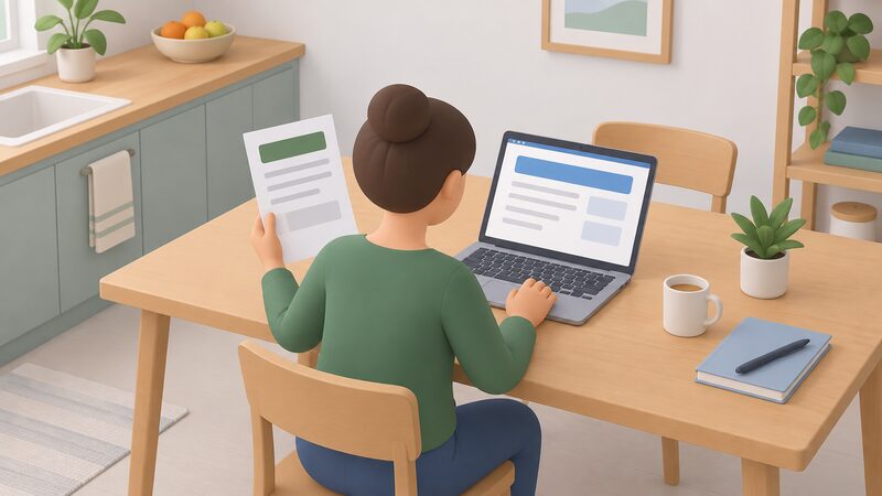 A householder at a kitchen table holds a paper bill in one hand while looking at a laptop screen showing their online energy account, comparing the supplier name shown on each, with content rendered only as blank lines and plain colour blocks.