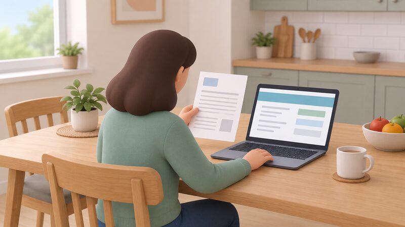 A householder at a kitchen table holding a printed welcome letter from an unfamiliar supplier in one hand while looking at their energy account on a laptop screen, comparing the two side by side.