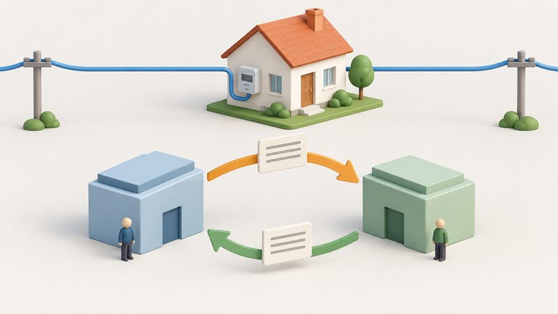A simplified diagram of a house with an uninterrupted supply line, and a registration record card shown as a physical object moving by an arrow from one plain supplier block to another and then an arrow returning it to the original block, while the supply line to the house stays continuous.