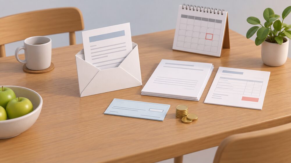 A kitchen table with an unexpected supplier welcome letter standing upright in its opened envelope, blank account paperwork and a final bill beside it, a cheque and a small stack of coins representing the compensation payment, and a wall calendar marking the correction deadline.