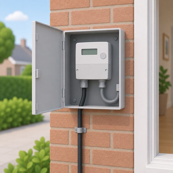 A domestic electricity meter in its meter box on an outside wall of a house, with the incoming supply cable and the cable running onward into the home, drawn as plain physical equipment with no supplier branding or display text.