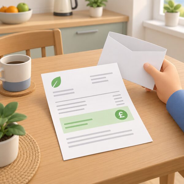 A final energy bill lying on a kitchen table as a physical paper document, with a highlighted credit balance section shown as a plain colour band and blank lines, beside a householder's hand holding an envelope.