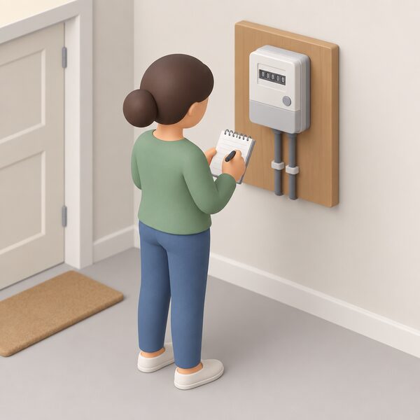 A simplified householder standing at the electricity meter inside their home, writing the reading down on a notepad, showing the record a household keeps at the point of switching.