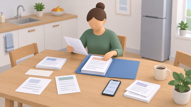 A householder at a kitchen table sorting printed bills, letters and a phone showing screenshots into an open folder, with a dated note of the original complaint placed on top as the first document.
