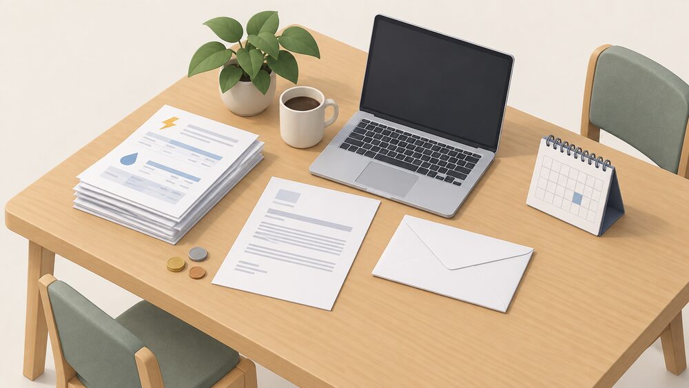 A kitchen table seen from above with a small stack of household energy bills, a sealed envelope, a printed letter, a laptop with a blank screen, a calendar and a few coins, arranged as a household preparing an evidence file for a dispute.
