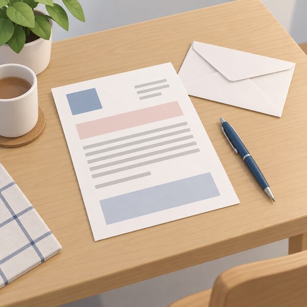 A paper deadlock letter lying flat on a household table, shown as a physical object with its content as blank lines and plain colour blocks, beside a pen and an envelope, with no readable words or figures anywhere on the letter.
