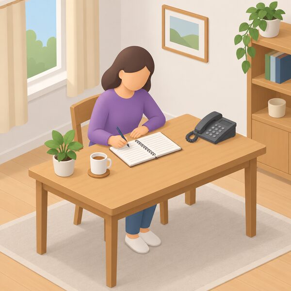 A householder seated at a table at home writing dated notes in a notebook beside a telephone, keeping a record of their complaint to their energy supplier.