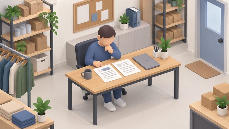 A small business owner seated at a desk in a modest shop office, reviewing a printed energy contract and a letter of correspondence laid out together, with blank lines and plain blocks standing in for all figures and wording.
