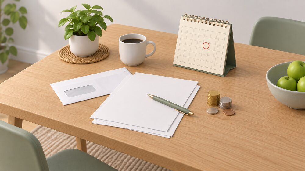 A kitchen table with a blank energy contract and a bill envelope beside a wall calendar with one date circled, a small pile of coins, and a pen resting on the papers, suggesting the moment a household checks its contract end date before switching.