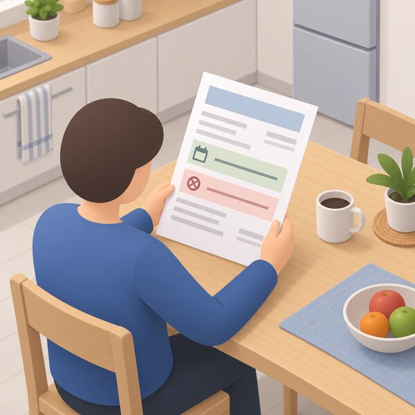 A printed household energy bill lying on a kitchen table, held by a simplified isometric figure, with the fixed-term contract end date and exit fee sections shown only as blank lines and plain colour bands so no real figures appear.