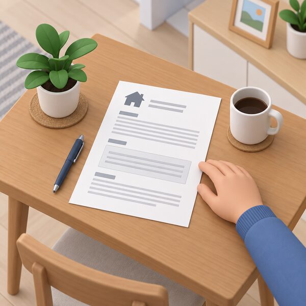 A printed tariff contract document lying on a household table, its terms page showing a plain unmarked block where the exit fee clause would sit, with a simplified figure's hand resting beside it as if checking the terms before choosing to switch.