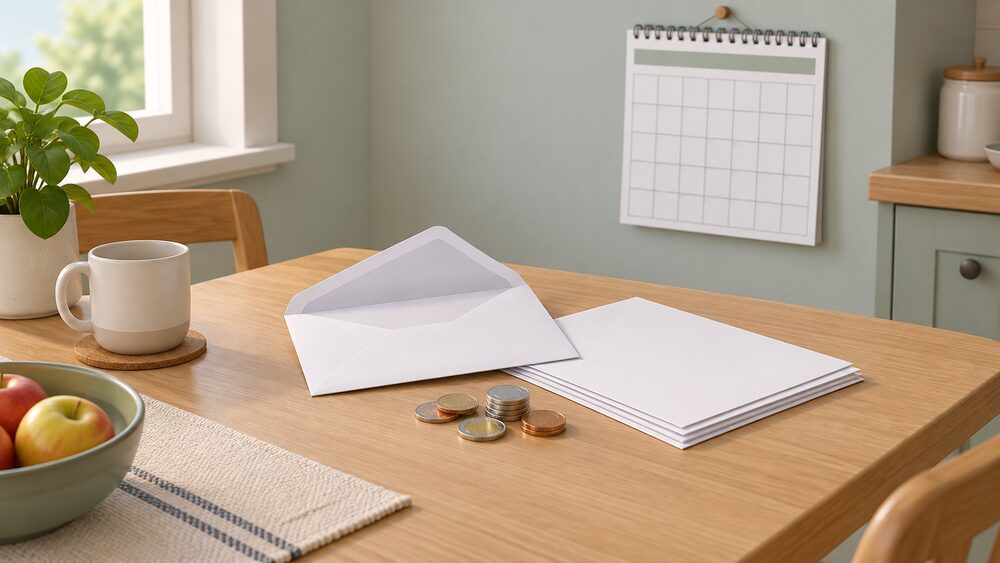 A blank white envelope lying open on a kitchen table beside a small stack of blank paperwork, a handful of coins, and a wall calendar hanging on the wall behind, suggesting the moment a final bill and credit refund arrive after a switch.