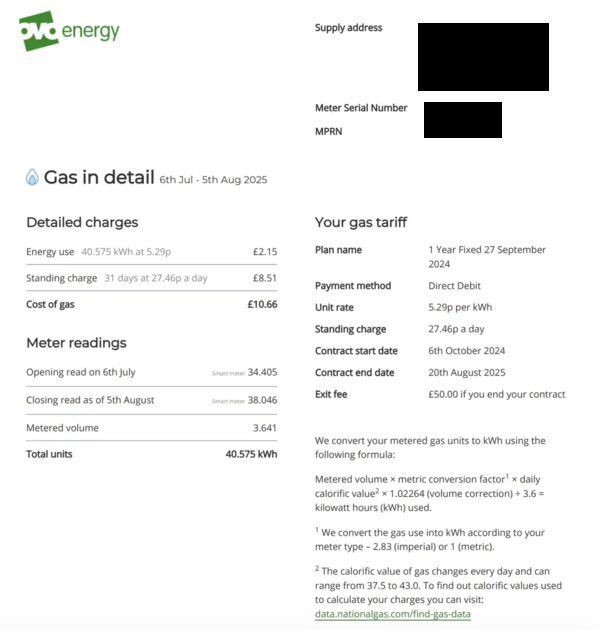 An OVO Energy gas bill page showing detailed charges, meter readings and gas tariff details