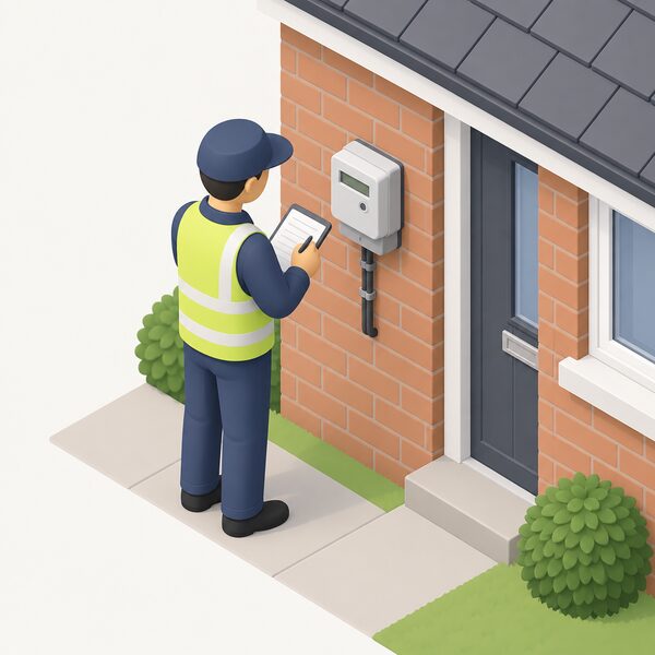 A simplified isometric figure representing the new supplier's meter reader stands at a domestic electricity meter, writing the reading on a handheld device or notepad, with the meter mounted on an outside wall of the house.