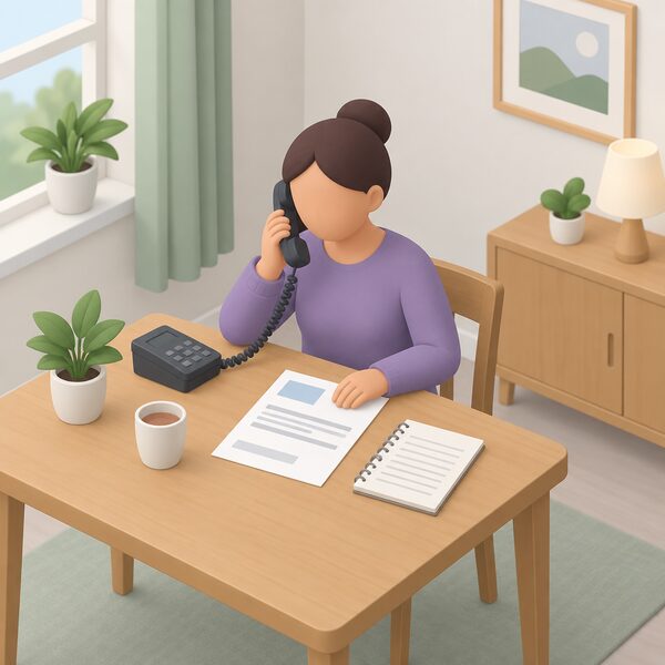 A householder at home sitting at a table with a phone held to their ear, a paper bill and a notepad with blank lines beside them, making a call to their energy supplier about a late or incorrect final bill.