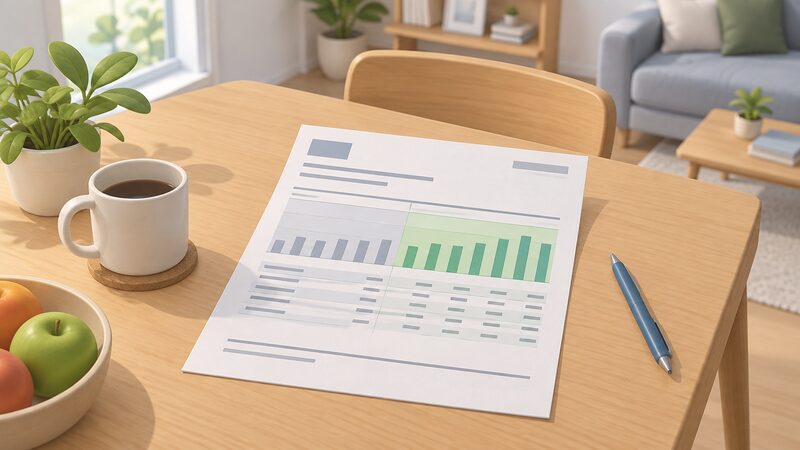 A paper energy bill lying on a household table, its usage table showing a plain highlighted band covering the most recent 12-month portion of usage while an older portion beyond it is shaded differently to show it cannot be charged.