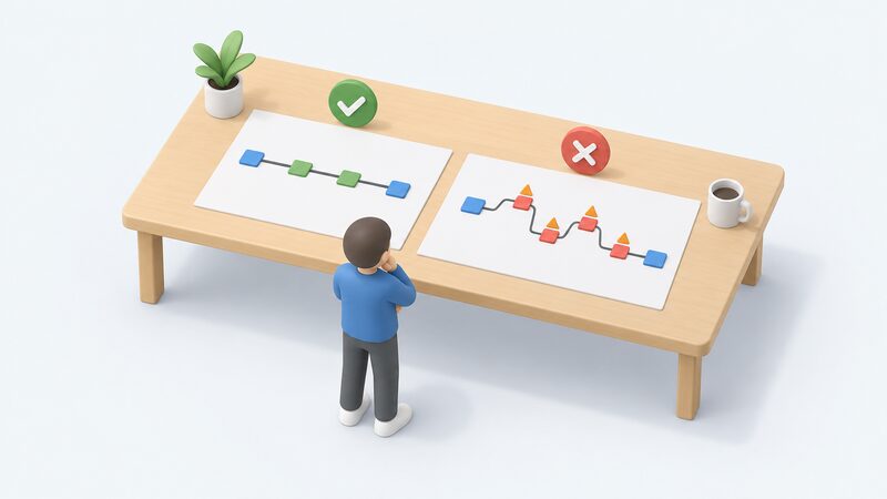 Two side-by-side printed timeline sheets on a table, one showing a routine switch as a simple straight line of plain blocks and the other an erroneous transfer with a longer, kinked line carrying extra marked compensation points, with a small isometric figure comparing them.
