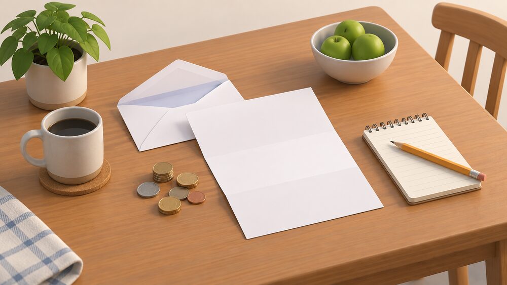 A kitchen table with a blank final bill letter and a plain envelope lying open, a handful of coins beside them, and a small notepad with a pencil resting on a handwritten note, suggesting a household claiming back credit after switching supplier.