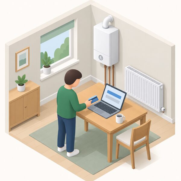 A householder standing at a table in their home making a monthly Direct Debit payment for energy, shown placing a payment card beside a bank card reader or laptop displaying a plain payment screen, with a gas boiler and radiator visible in the background of the room.