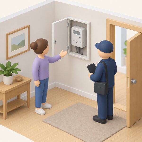 An indoor domestic electricity meter mounted on a wall inside a home, with a small simplified figure of a householder opening the door or gesturing to give a supplier's meter reader clear access to read it for accurate billing.