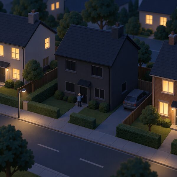 A dark detached house at night during a power cut, with all windows unlit while neighbouring houses in the street have lit windows, and a small simplified figure standing at the unlit front door.
