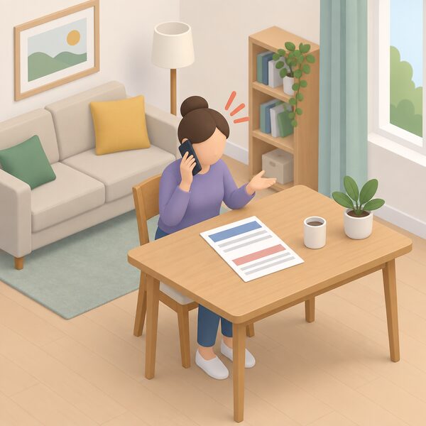 A simplified isometric householder sits at a table in their home living room, holding a phone to their ear while making a complaint call, with an energy bill or account statement lying on the table beside them shown with blank lines and plain colour bands carrying no readable content.