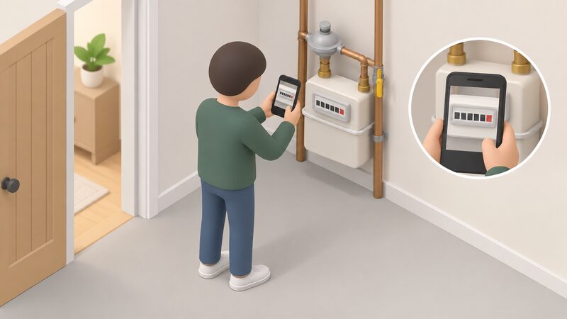 A householder standing beside a domestic gas meter, holding a smartphone to photograph the meter's display on the day of switching supplier, with the meter's index shown as plain blocks so no readable figures appear.