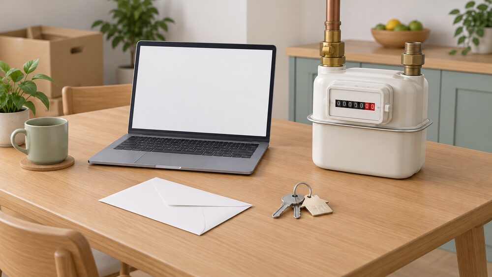 A laptop with a blank screen sits on a kitchen table beside a blank envelope, a set of house keys and a domestic gas meter with its numeric display facing out, suggesting a new occupant about to look up who supplies their gas.