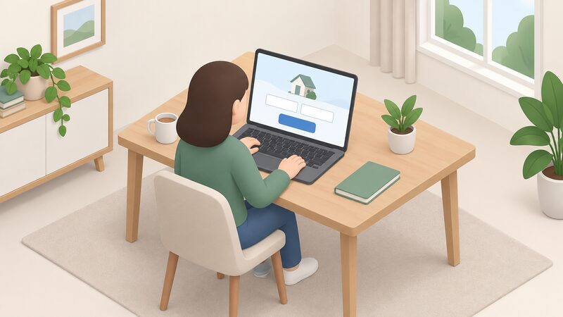 A laptop on a home table showing the Find My Supplier search page as a simple screen with a postcode box and a house number box, both shown as blank fields, with a simplified figure seated using it.