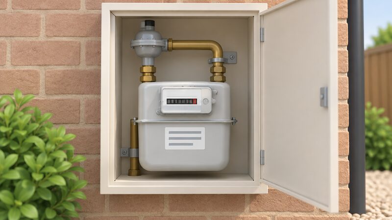 A domestic gas meter, such as one in a cupboard or meter box, with a plain label on its casing carrying the MPRN shown only as blank lines, with no person present.